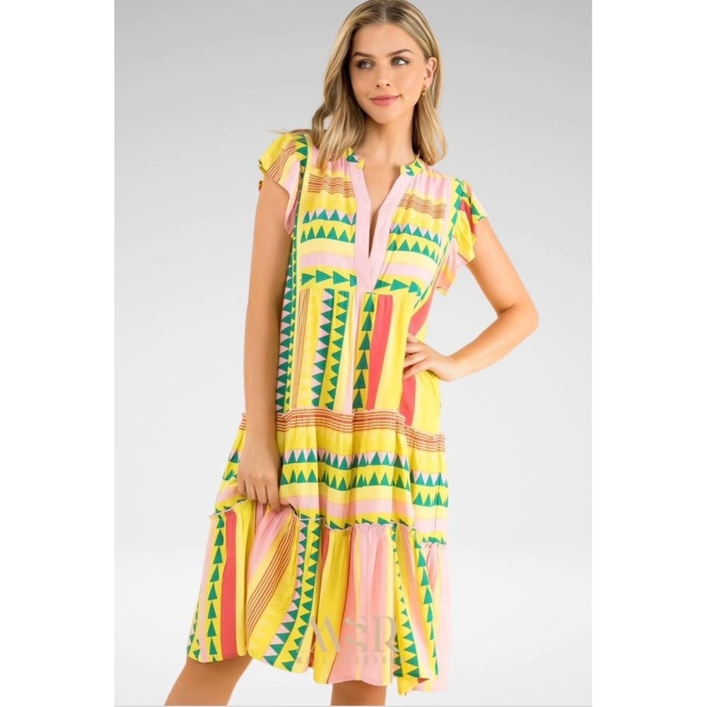THML Geometric Print Ruffle Sleeve Tiered Dress